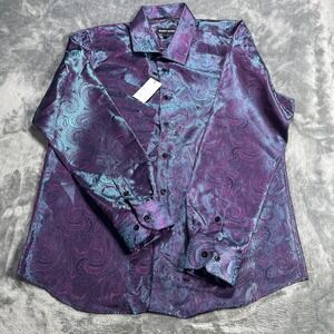 Barry Wang Shirt Men L Purple Paisley Jacquard Long Sleeve Button Silk Blend NEW